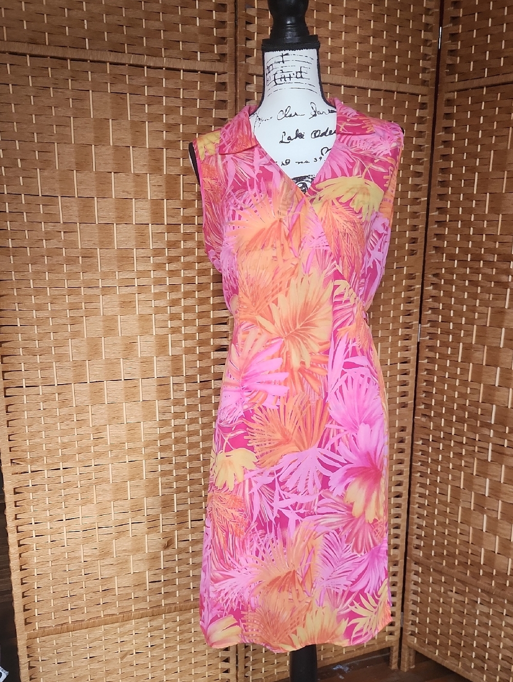 JKLA, Summer, Beach, Vacation, Tropical Pink & Yellow Lightweight Wrap Dress
